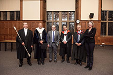 L-R: Bedel of Medicine (Mr Gary Jones), Junior Proctor (Prof David Johnson); Prof Michael Barnett; Pro-Vice Chancellor Prof Roger Goodman; Prof Richard Caplan; Prof Petra Schleiter