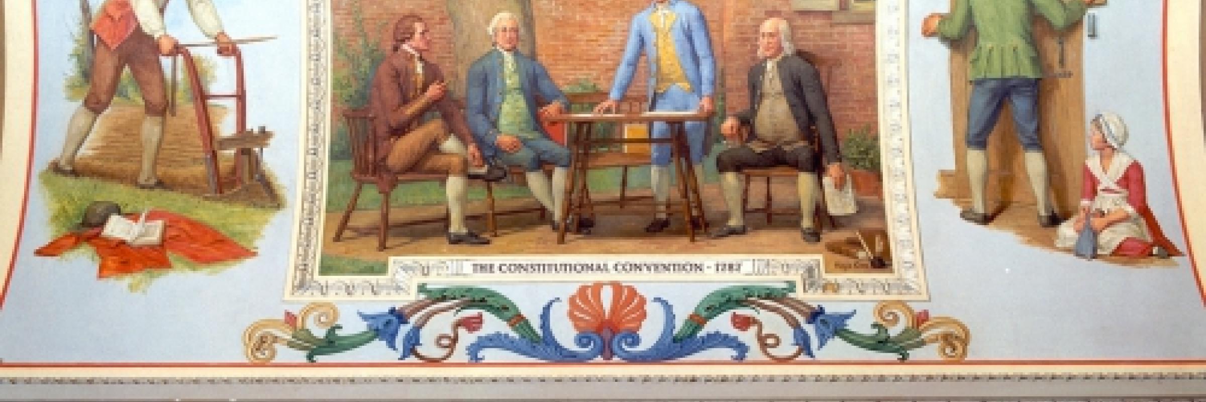 Painting of the delegates of the new American Government meeting in Benjamin Franklin's garden.