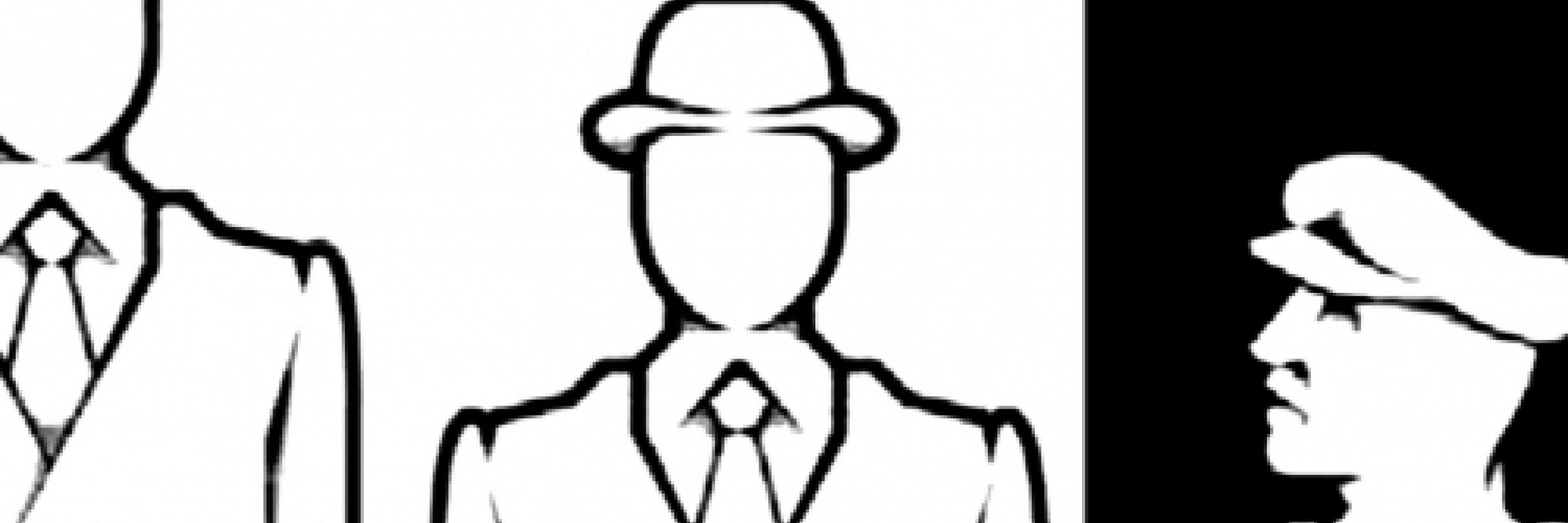 Black and white outline drawing of three men stood side by side, two in bowler hats.