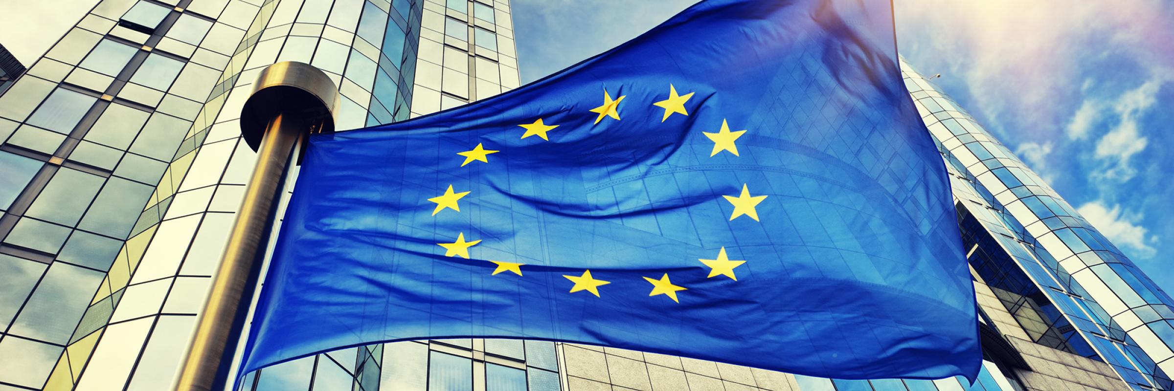 EU flag in front of a tower block with the sun in the sky