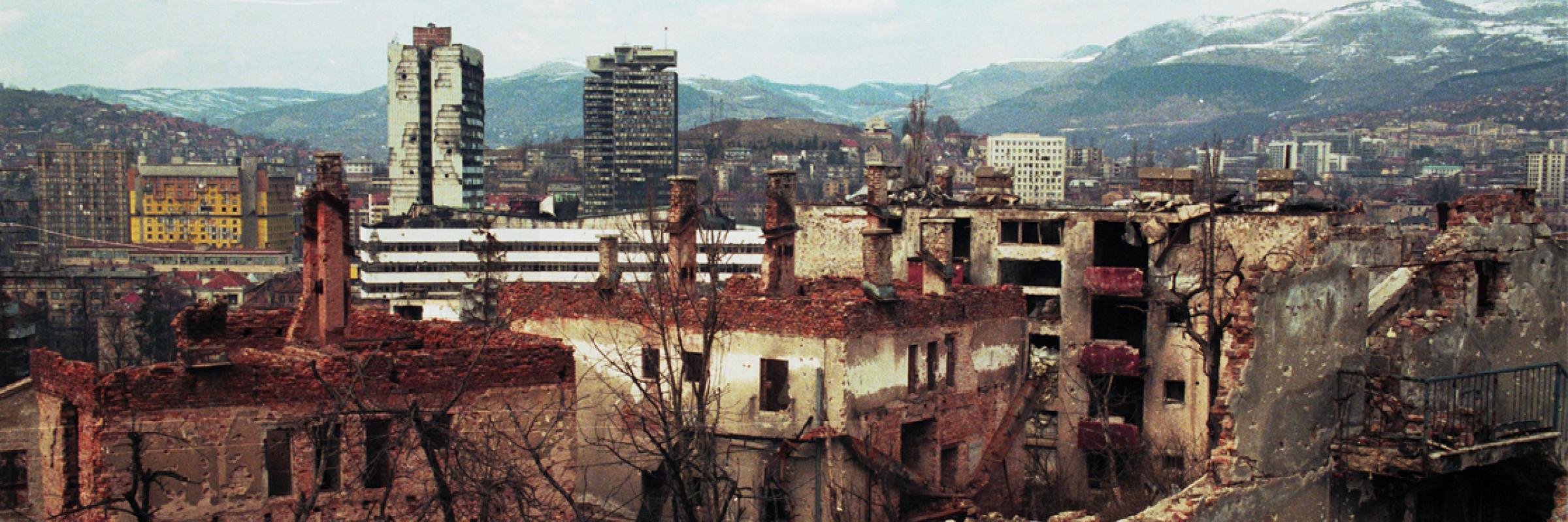 A destroyed building in a city